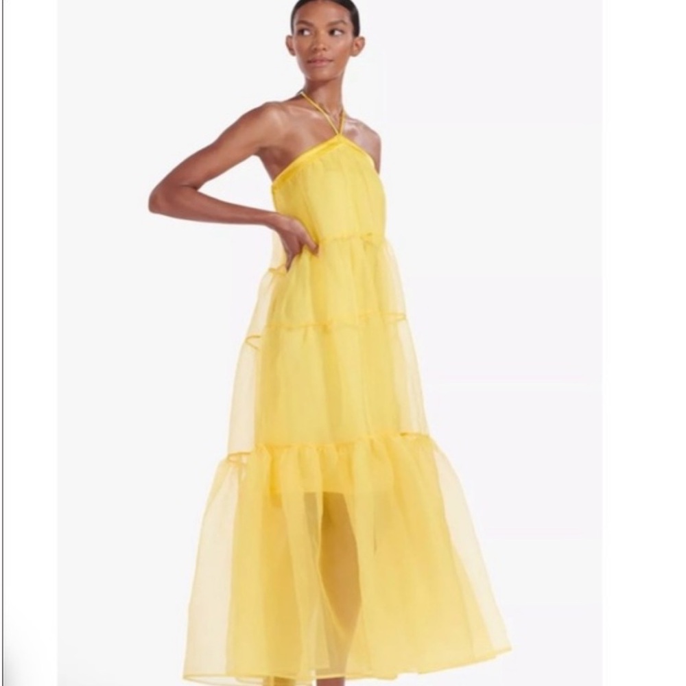 STAUD Yellow Mila Tiered Halter Midi Dress